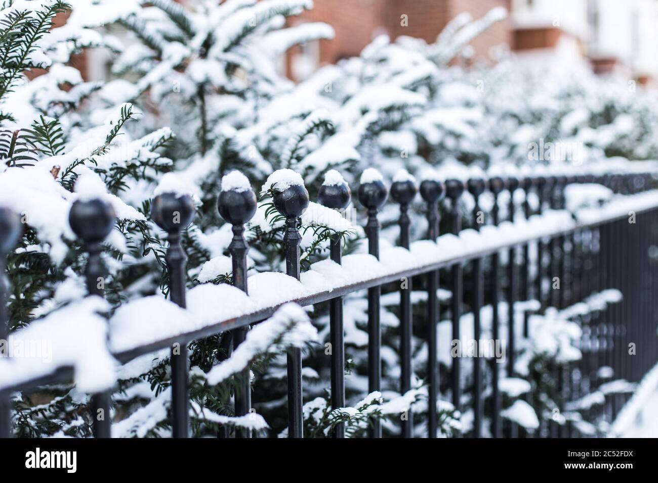 Snow on metal railings in winter, London, England, UK Stock Photo - Alamy