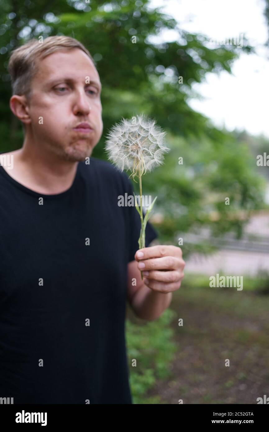 A man with puffed up cheeks is blowing on a blowball. Stock Photo