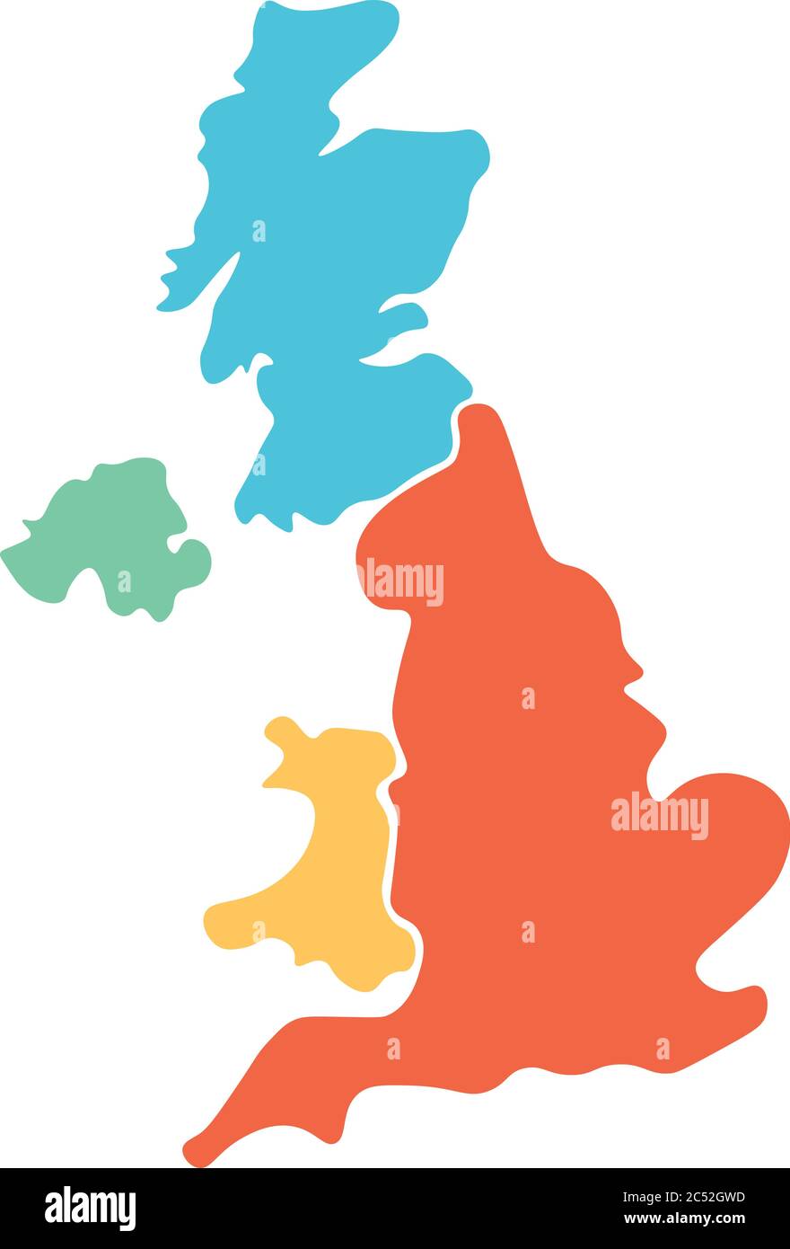 United Kingdom, aka UK, of Great Britain and Northern Ireland hand-drawn blank map. Divided to four countries in different colors - England, Wales, Scotland and NI. Simple flat vector illustration. Stock Vector