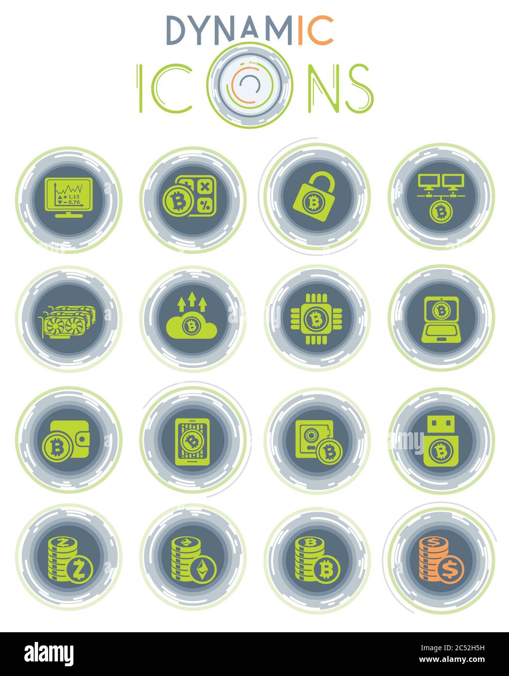 Cryptocurrency and mining dynamic icons Stock Vector