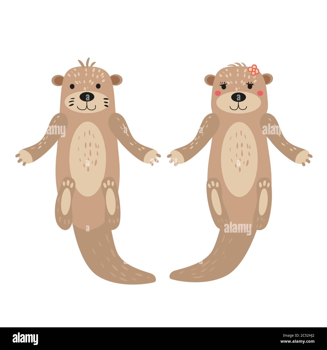 Otters cute cuple animal characters female and male white background isolated vector cartoon trendy style Stock Vector