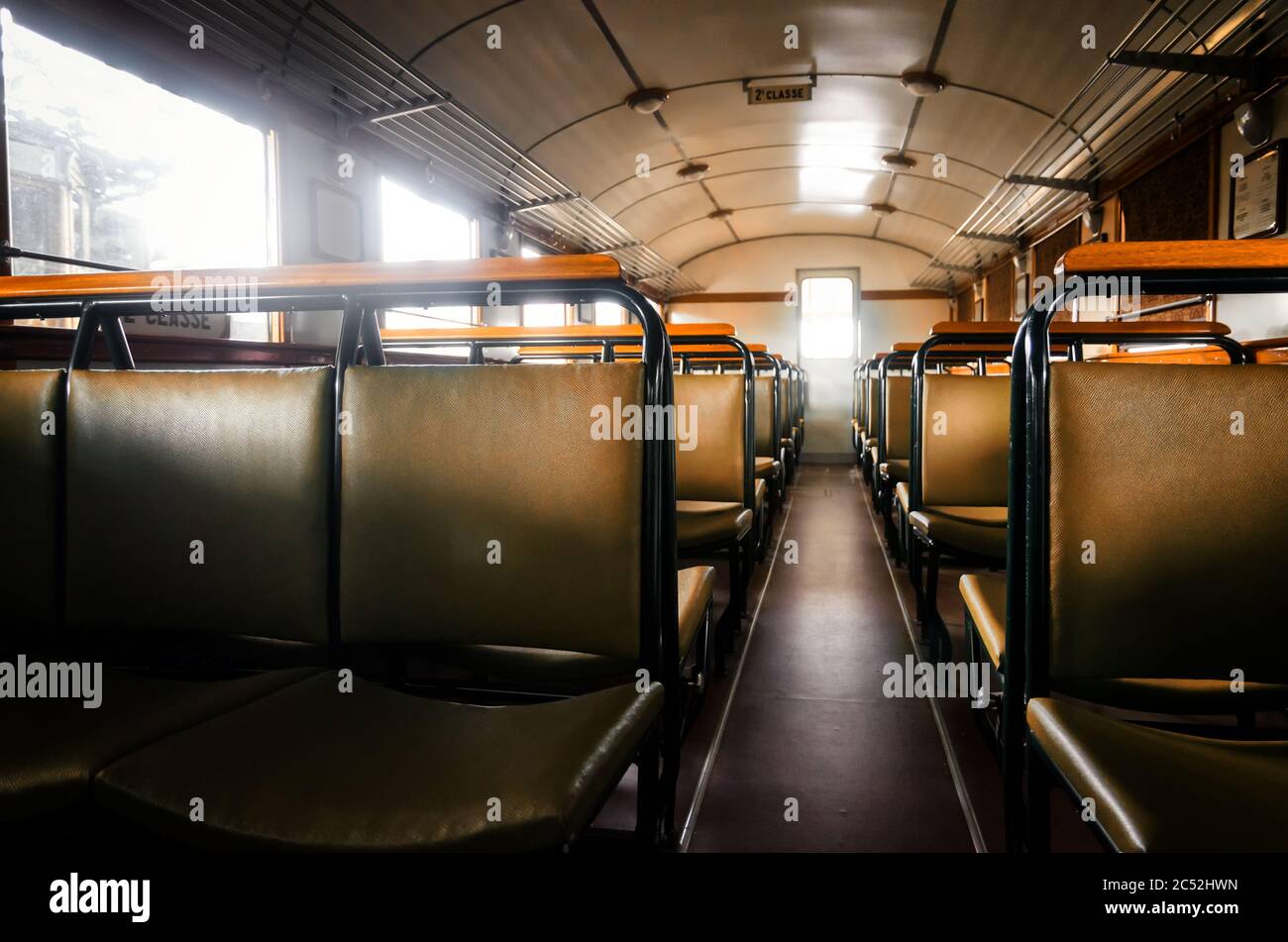 Second class compartment of an italian Littorina, old rail motor coach from world war II period Stock Photo