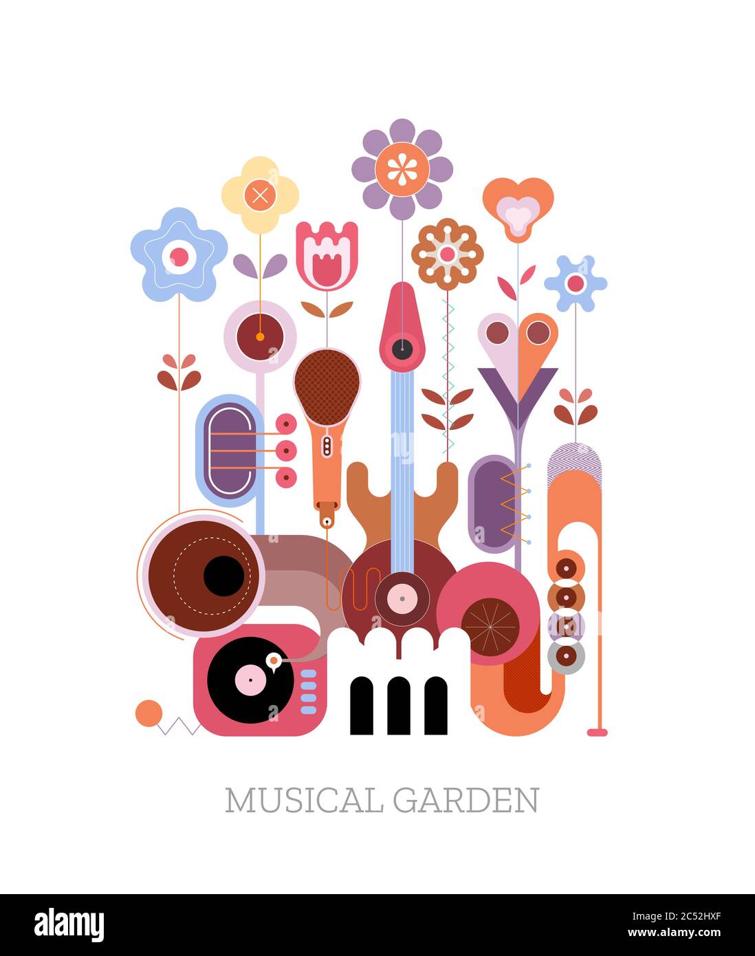 Flowers and Musical Instruments vector illustration. Blossoming flowers grow from musical instruments Stock Vector