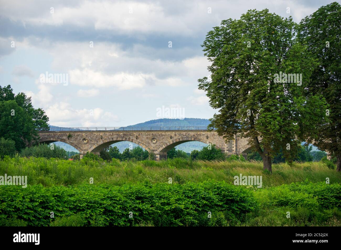 Railway viaduct crossing the neisse river near Zittau Stock Photo
