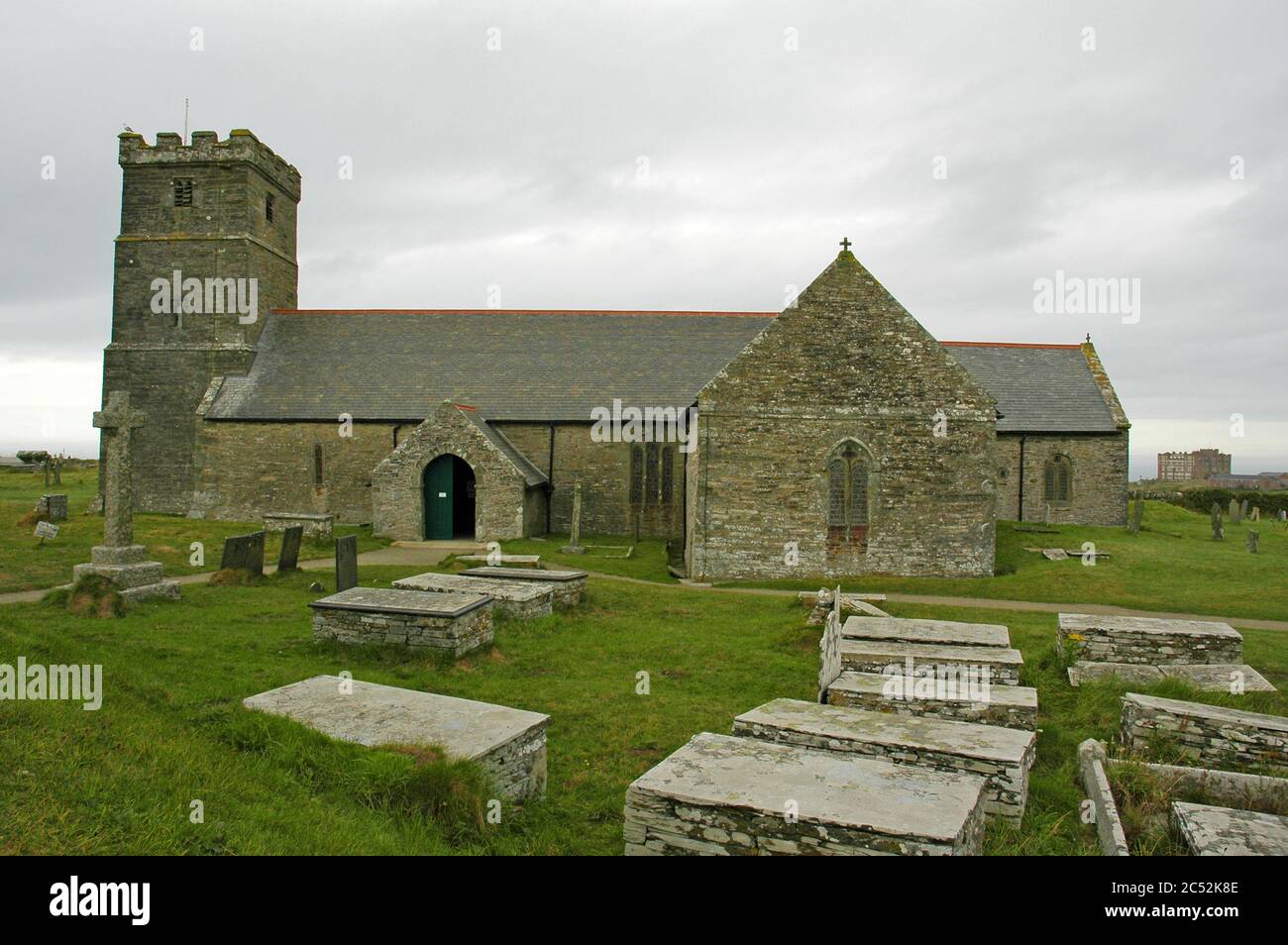 St. Materiana's Church, Tintagel, North Cornwall.  Built almost as it stands now, between 1080 - 1150 AD in the time of Norman earls of Cornwall. Stock Photo