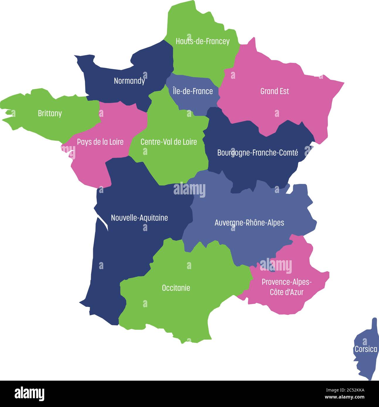 Map of France divided into 13 administrative metropolitan regions, since 2016. Four colors. Vector illustration. Stock Vector