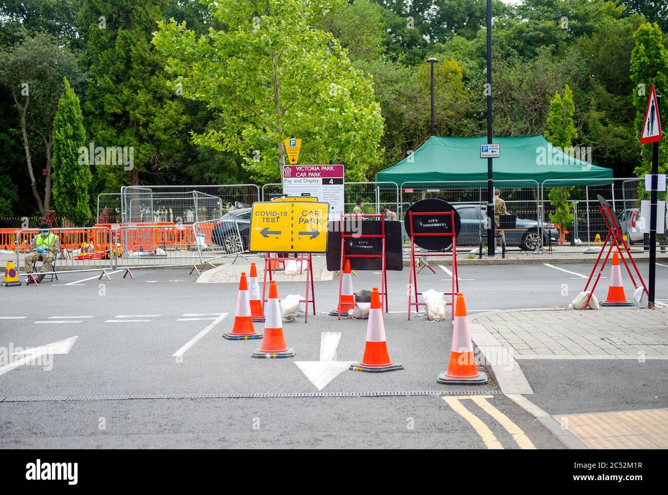 Leicester City becomes first localised lockdown area in UK due to coronavirus Covid-19 surge. Drive-thru testing station run by the army. Stock Photo