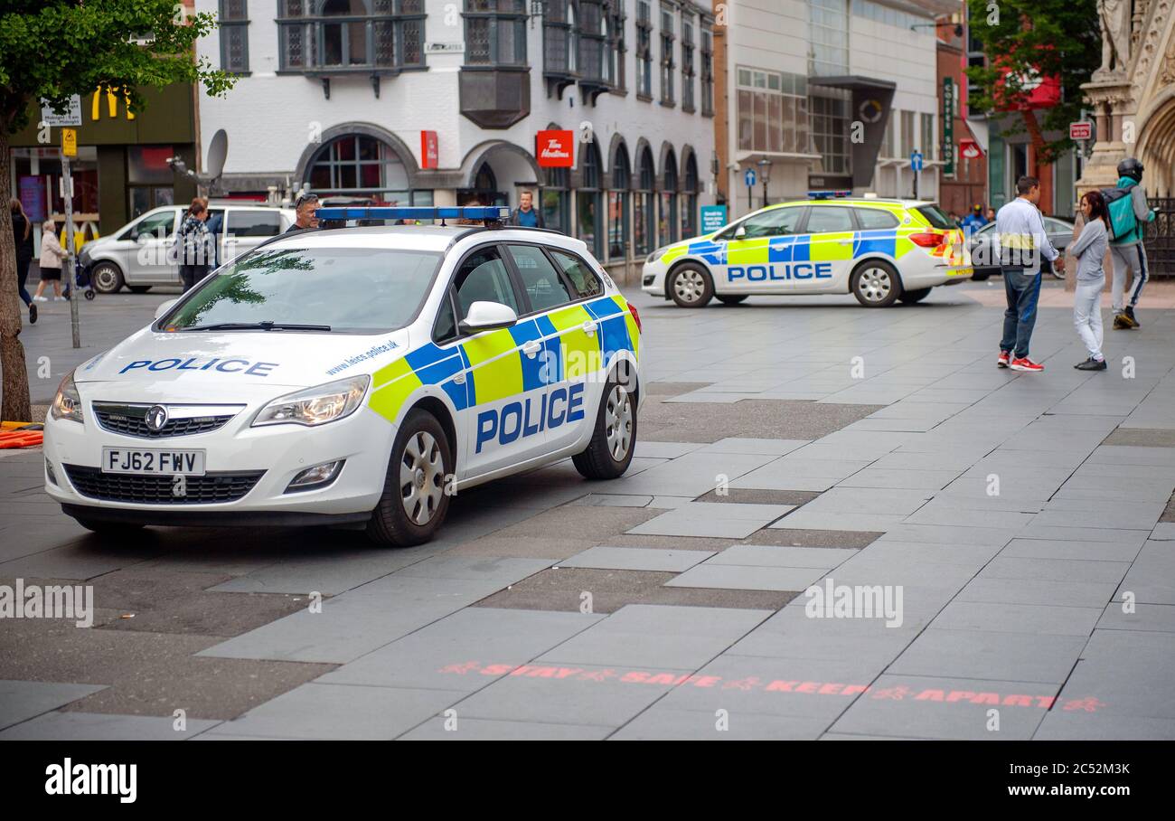 Leicester City becomes first localised lockdown area in UK due to coronavirus Covid-19 surge. Police patrol the city centre. Stock Photo