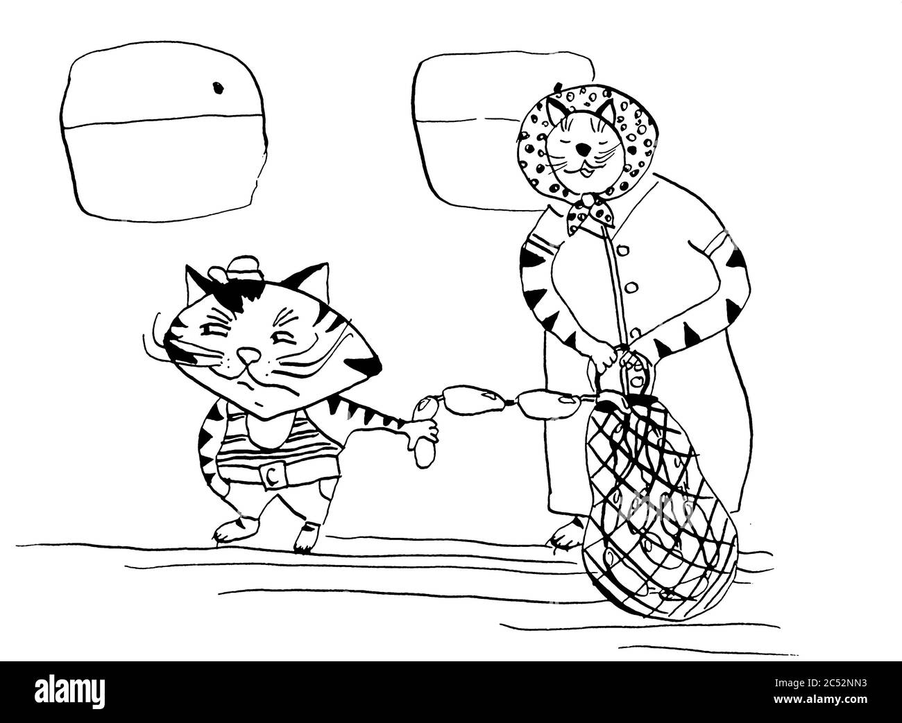 Cat steals some food - sausages from a woman in a bus. Illustration. Sketch style in black and white Stock Photo