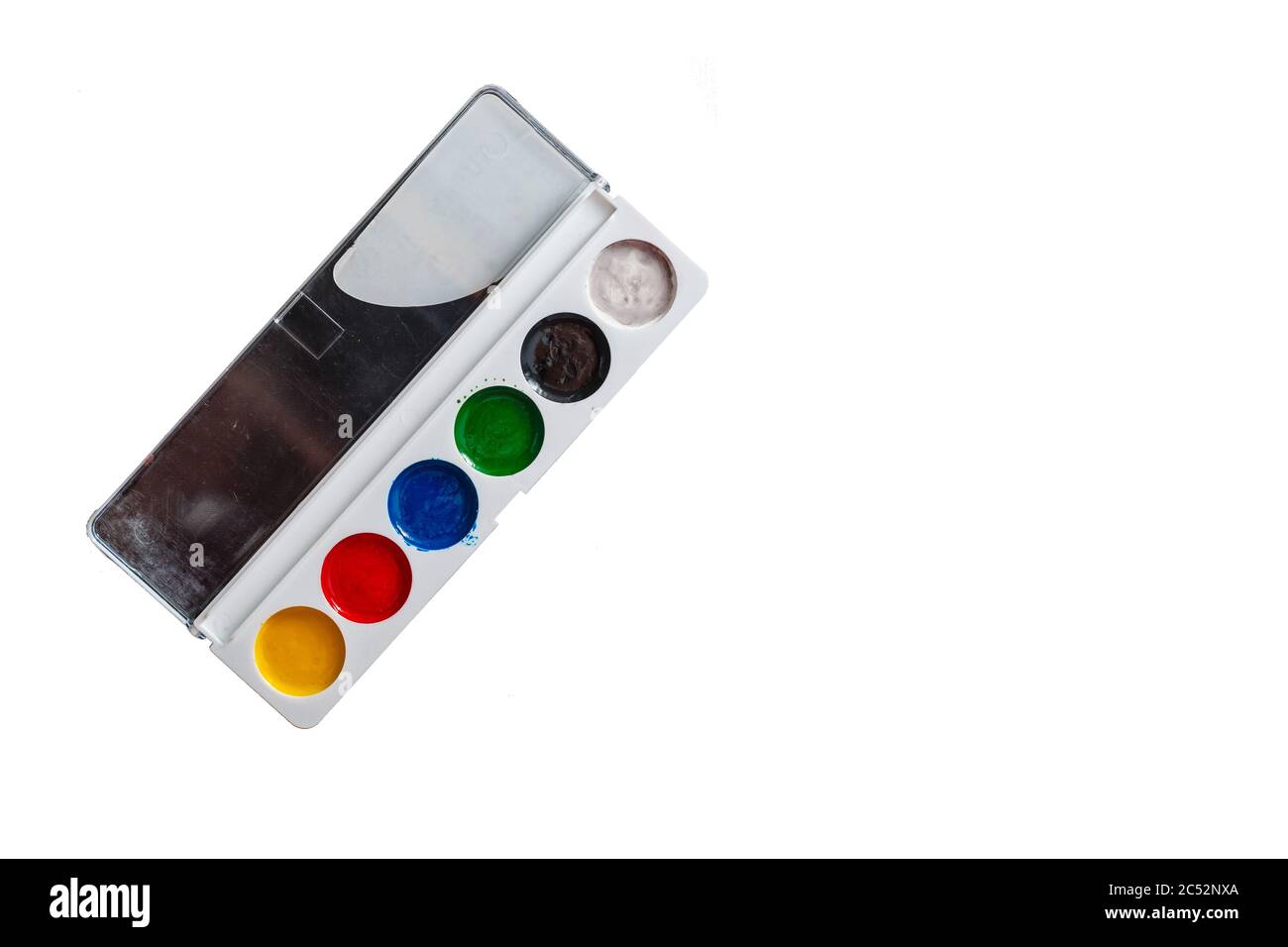 Watercolor in a box, watercolor paints on a white background Stock