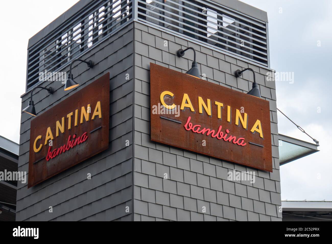 Washington, D.C. / USA - June 27 2020: Cantina Bambina restaurant storefront sign at the Wharf in DC. Stock Photo
