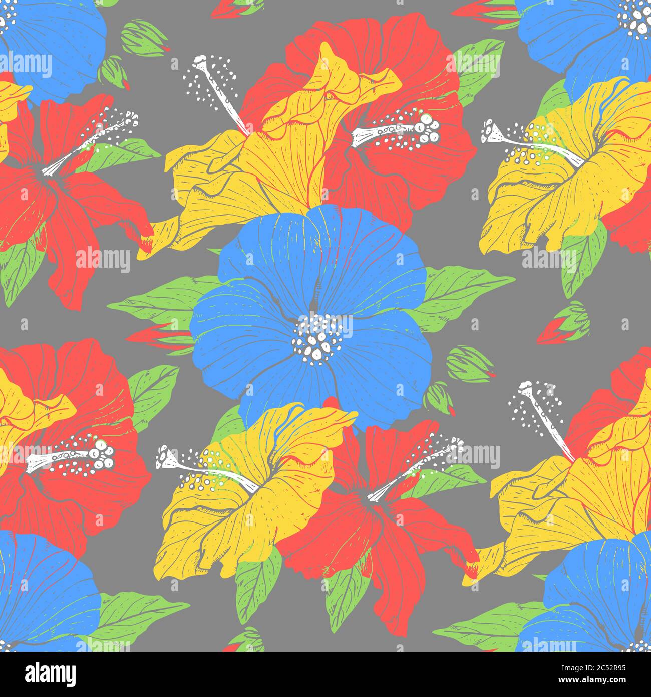 Colorful floral seamless pattern with hand drawn hibiscus flowers on ...