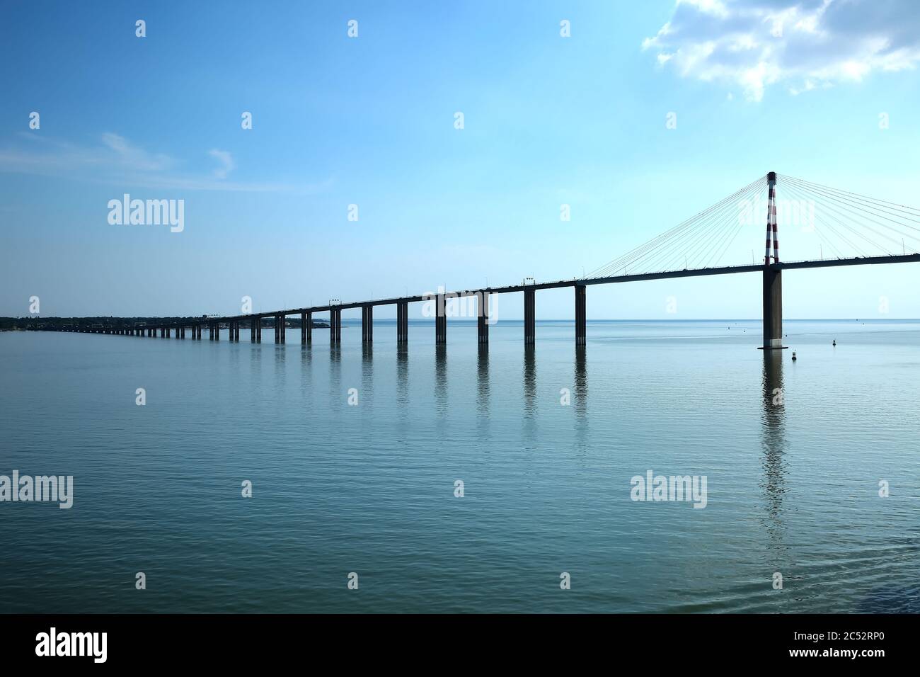 View of the Saint-Nazaire Bridge which is a cable-stayed bridge spanning the Loire River, linking Saint-Nazaire to Saint-Brevin-les-Pins, France. Stock Photo