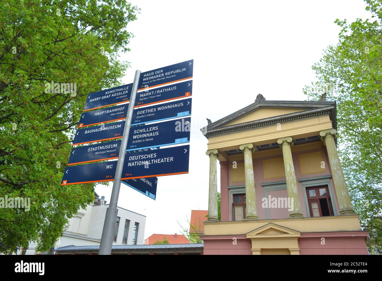 Weimar, Germany 05-19-2020 touristical indication and signs of tourist attractions in front of classical architecture Stock Photo