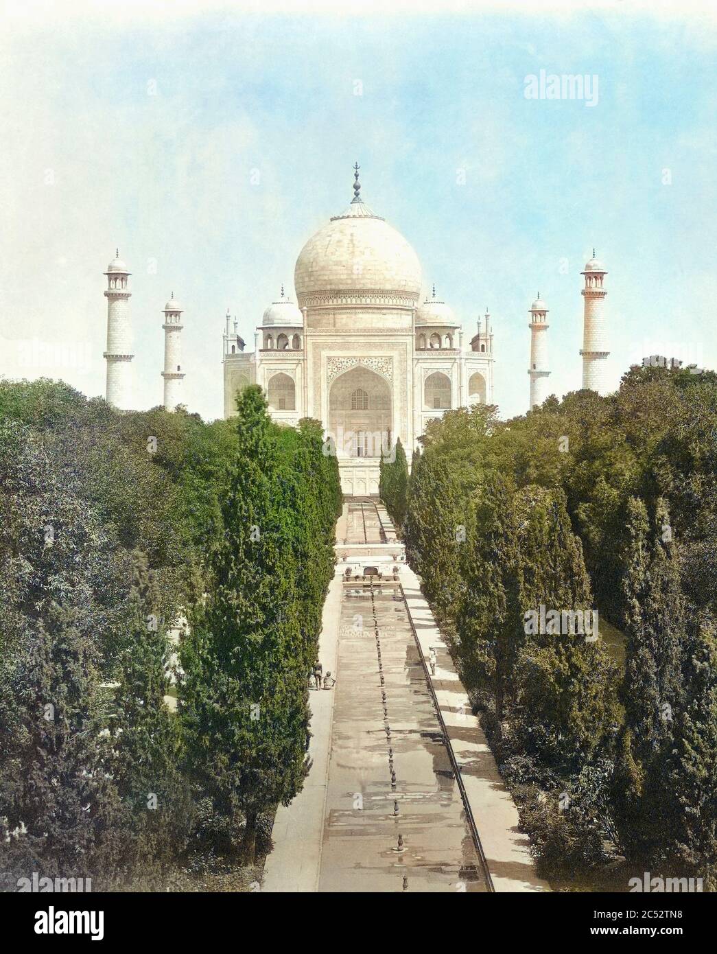 The Taj Mahal, Agra, Uttar Pradesh, India in the mid-19th century.   Detail of a photograph by English photographer Samuel Bourne, 1834 - 1912.  Later colorization. Stock Photo