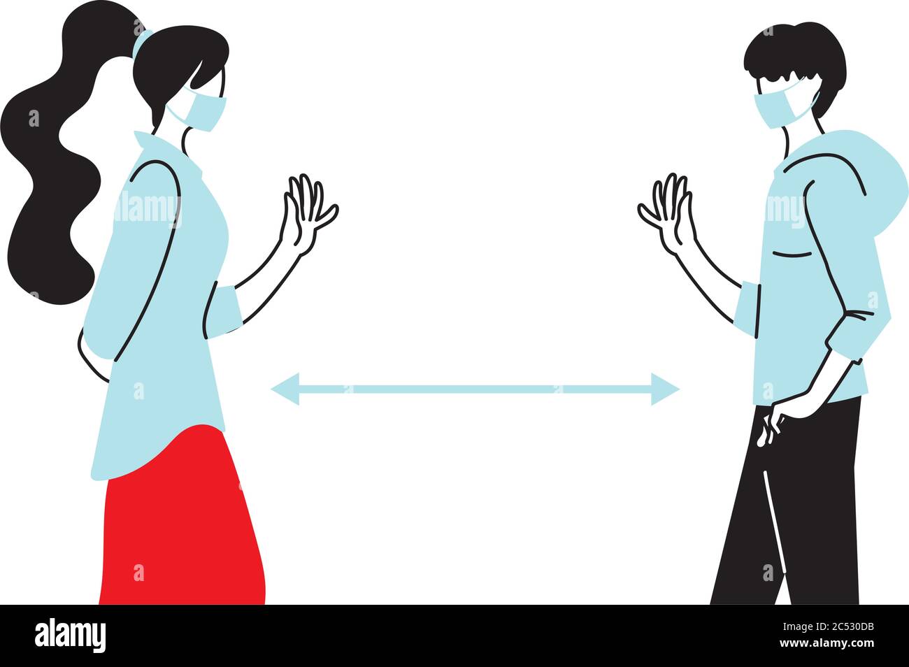 Social distancing between woman and man with masks design of Covid 19 ...