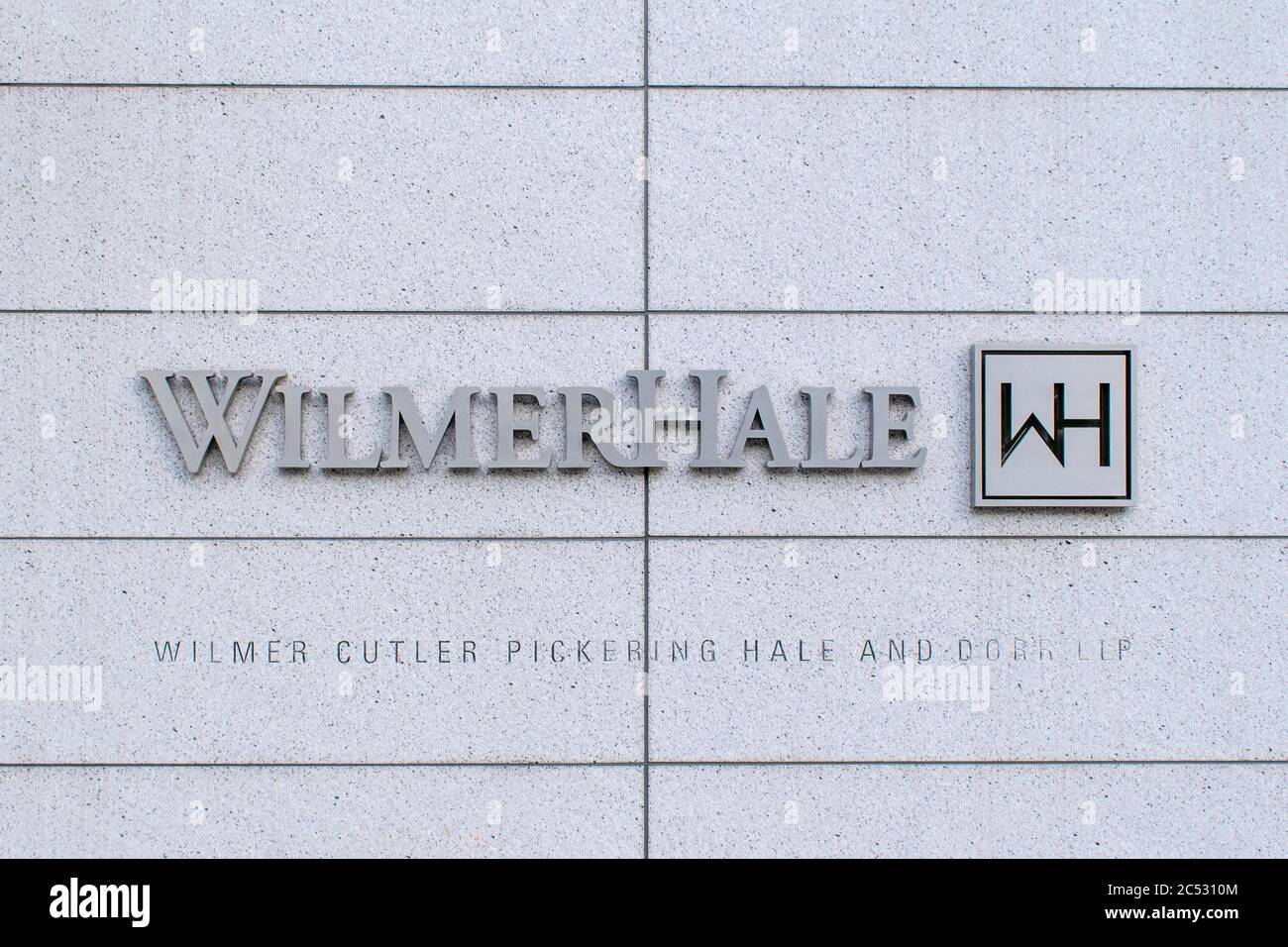 Washington, D.C. / USA - June 25 2020: Sign outside of the legal offices of WilmerHale WH, Wilmer Cutler Pickering Hale and Group. Stock Photo