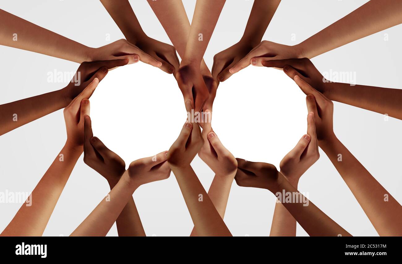 Group Unity and diversity partnership as hands in a group of diverse people connected together shaped as two teams in support circles as a symbol. Stock Photo