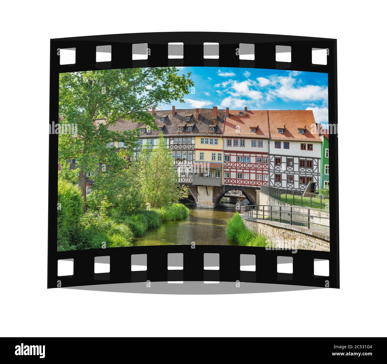 View over the river Gera to the houses of the Kraemerbruecke. The bridge is located in the old town of Erfurt, capital of Thuringia, Germany, Europe Stock Photo