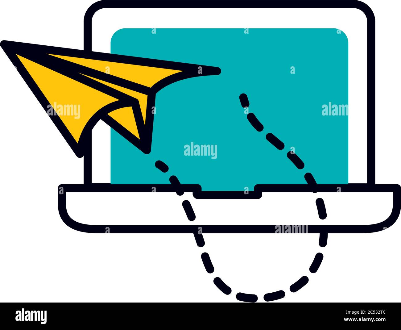 laptop computer with paper plane icon over white background, half line ...