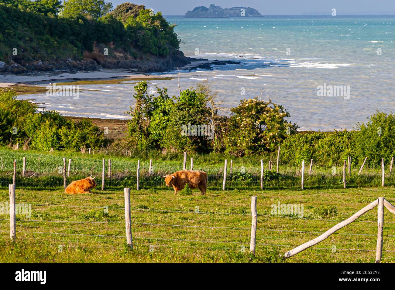 View over the 'Field of the Wind' towards Cancale, the center of oyster farming in the region. Ferme du Vent near Château Richeux, Saint-Malo, France Stock Photo