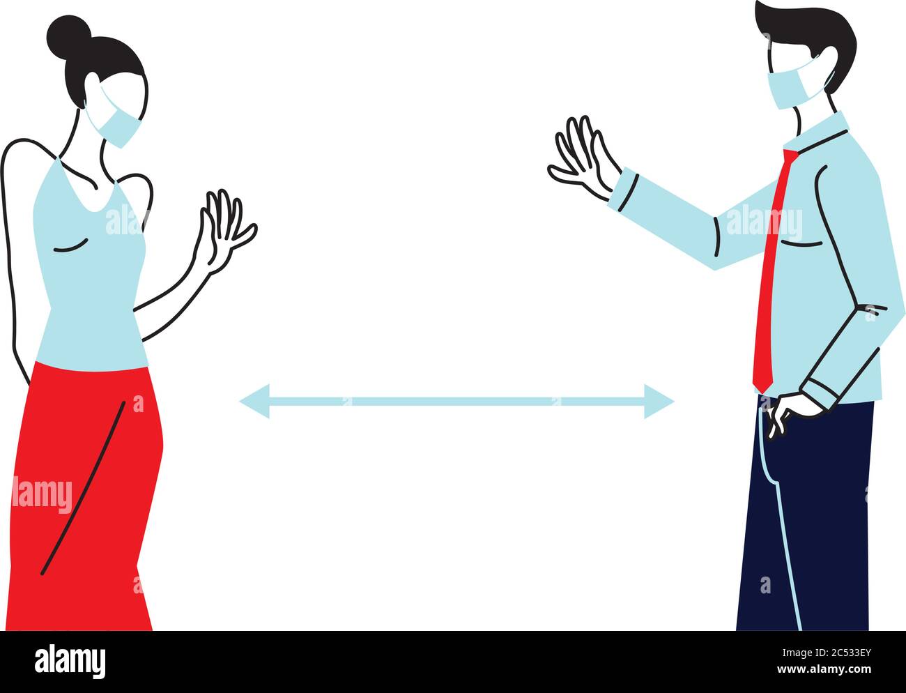 Social distancing between woman and man with masks design of Covid 19 ...