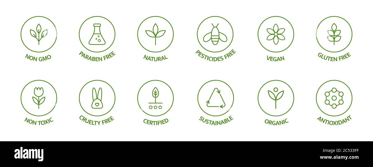 Organic cosmetic line icons set. Product free allergen labels. Natural