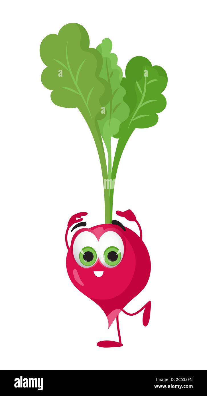 Funny Radish with eyes on white background. Cartoon funny vegetables characters flat vector