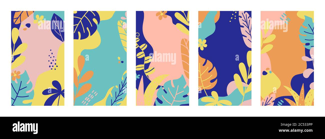 Summer banner collection. Social media template stories with tropical leaves and plants in pastel colors. Summer vacation concept. Vector illustration Stock Vector