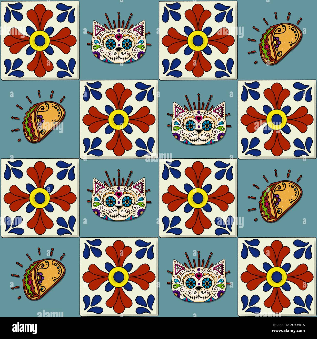 Mexican day of the dead cat and tacos tile pattern design, socks print, Mexican design Stock Photo