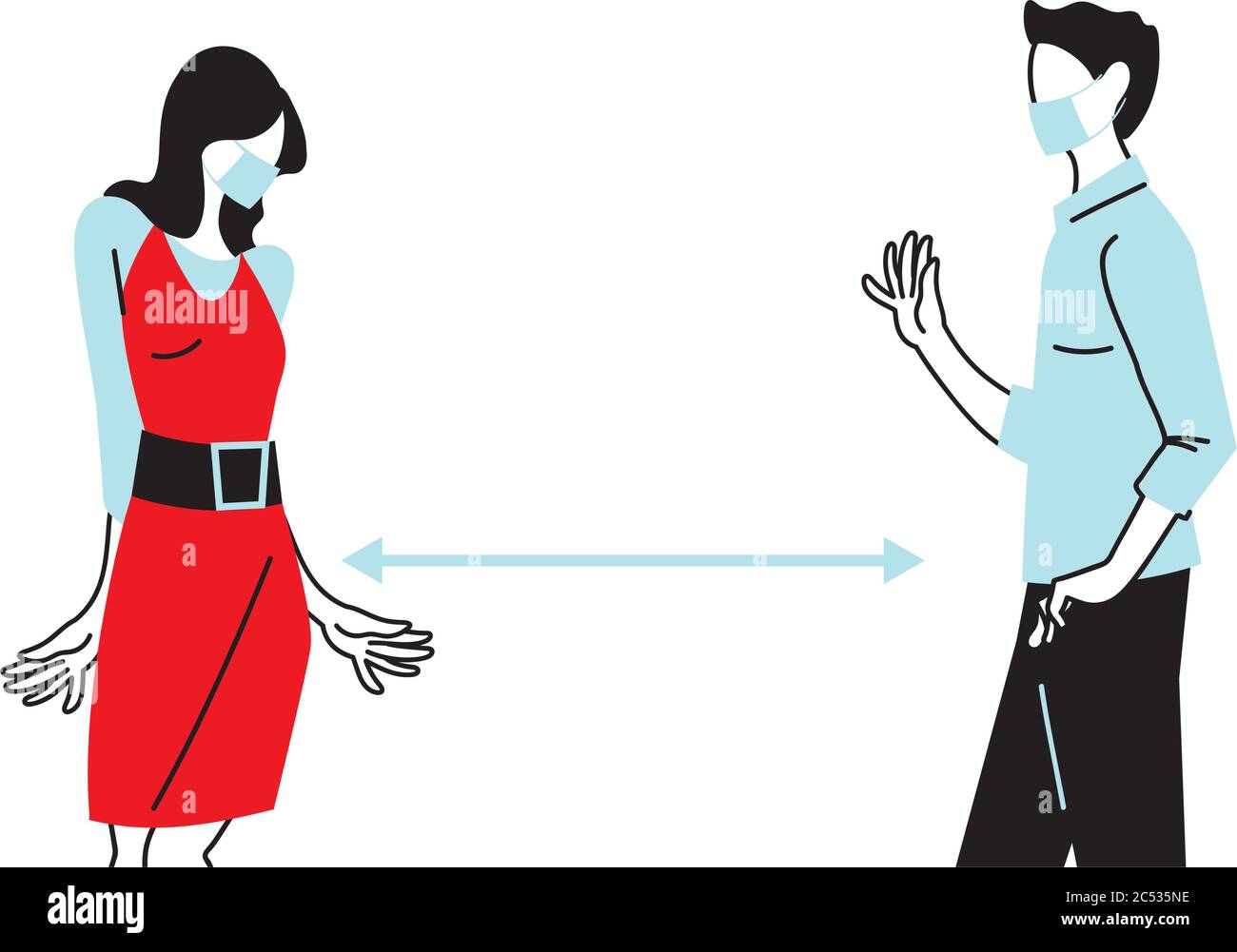 Social distancing between woman and man with masks design of Covid 19 ...