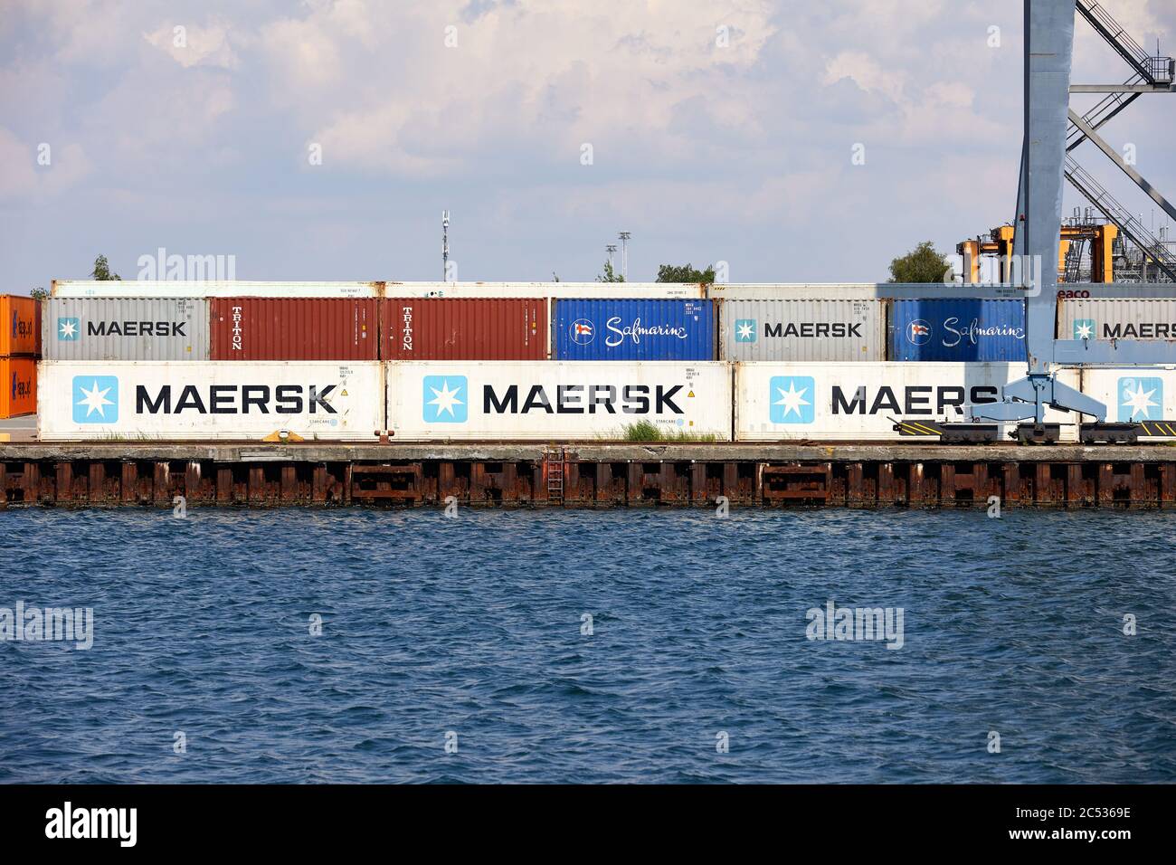 Maersk shipping containers, Copenhagen Harbour, Copenhagen, Denmark Stock Photo