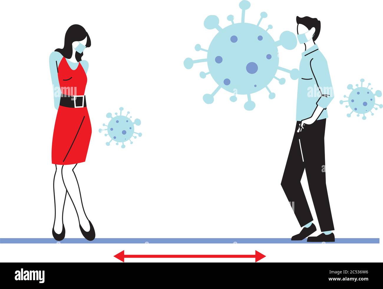 Social distancing between woman and man with masks design of Covid 19 ...