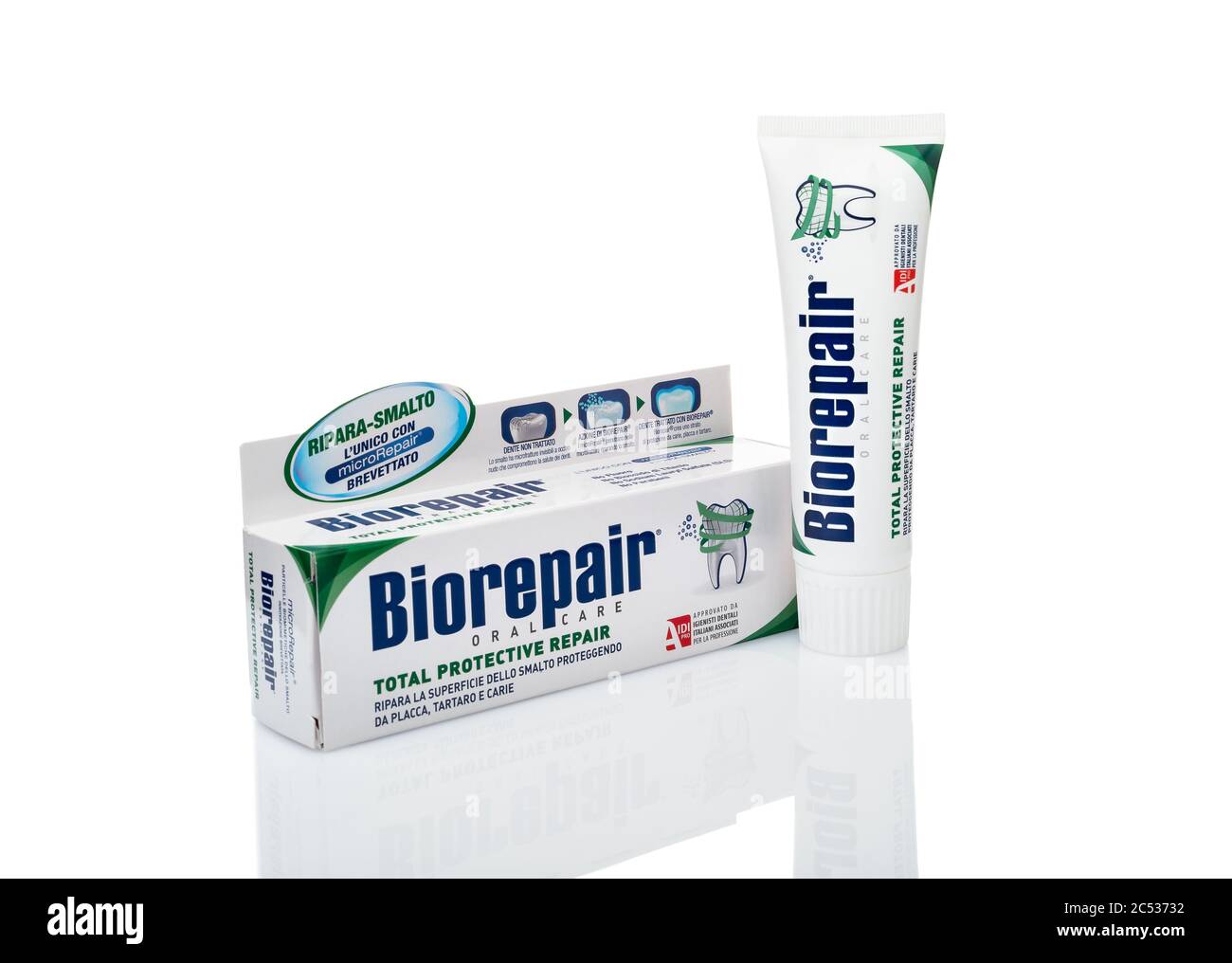 Varese, Italy - June 13, 2020: Biorepair - total protective repair,  toothpaste tube with box isolated on white background. Oral Care product  Stock Photo - Alamy