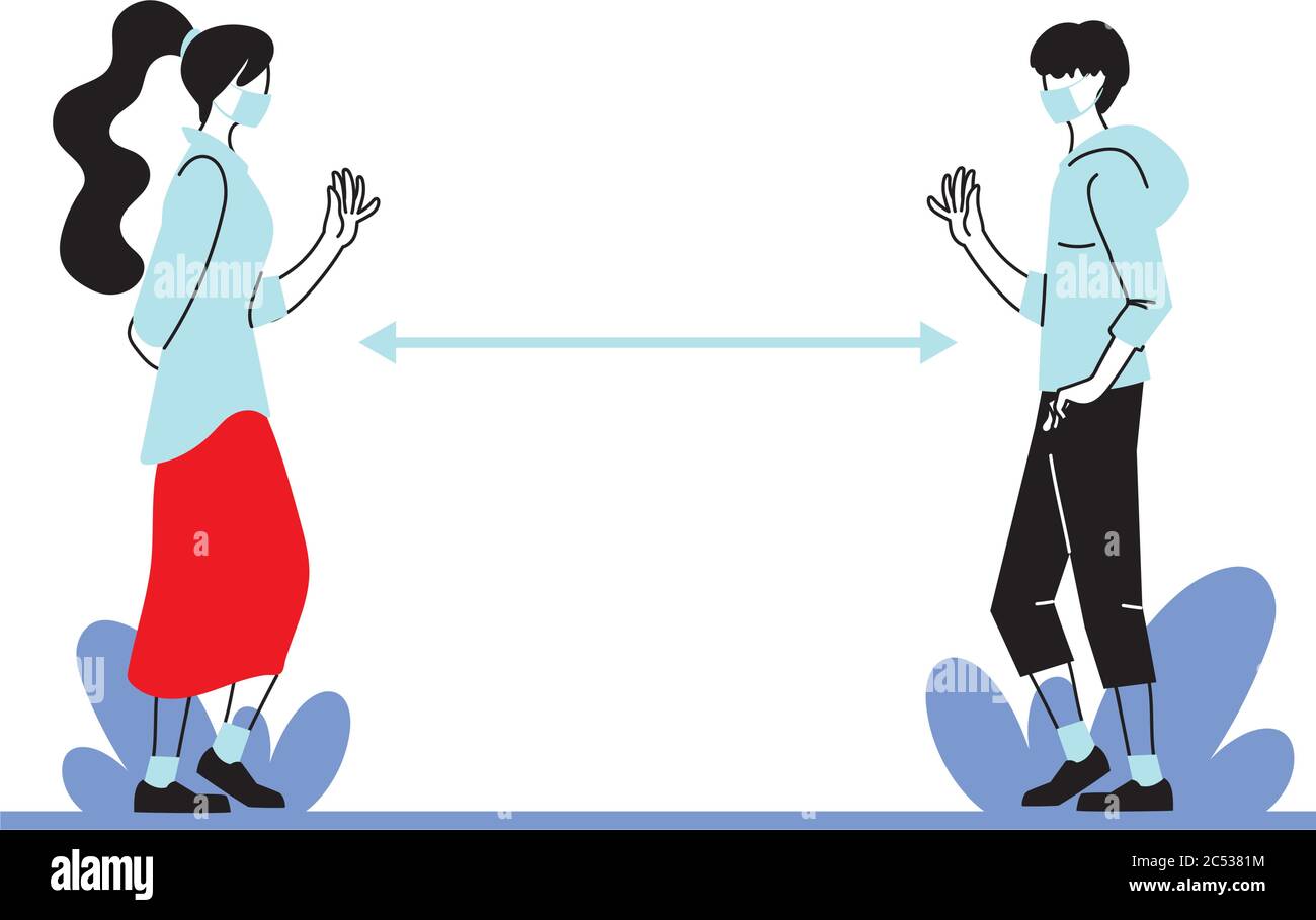 Social distancing between woman and man with masks design of Covid 19 ...