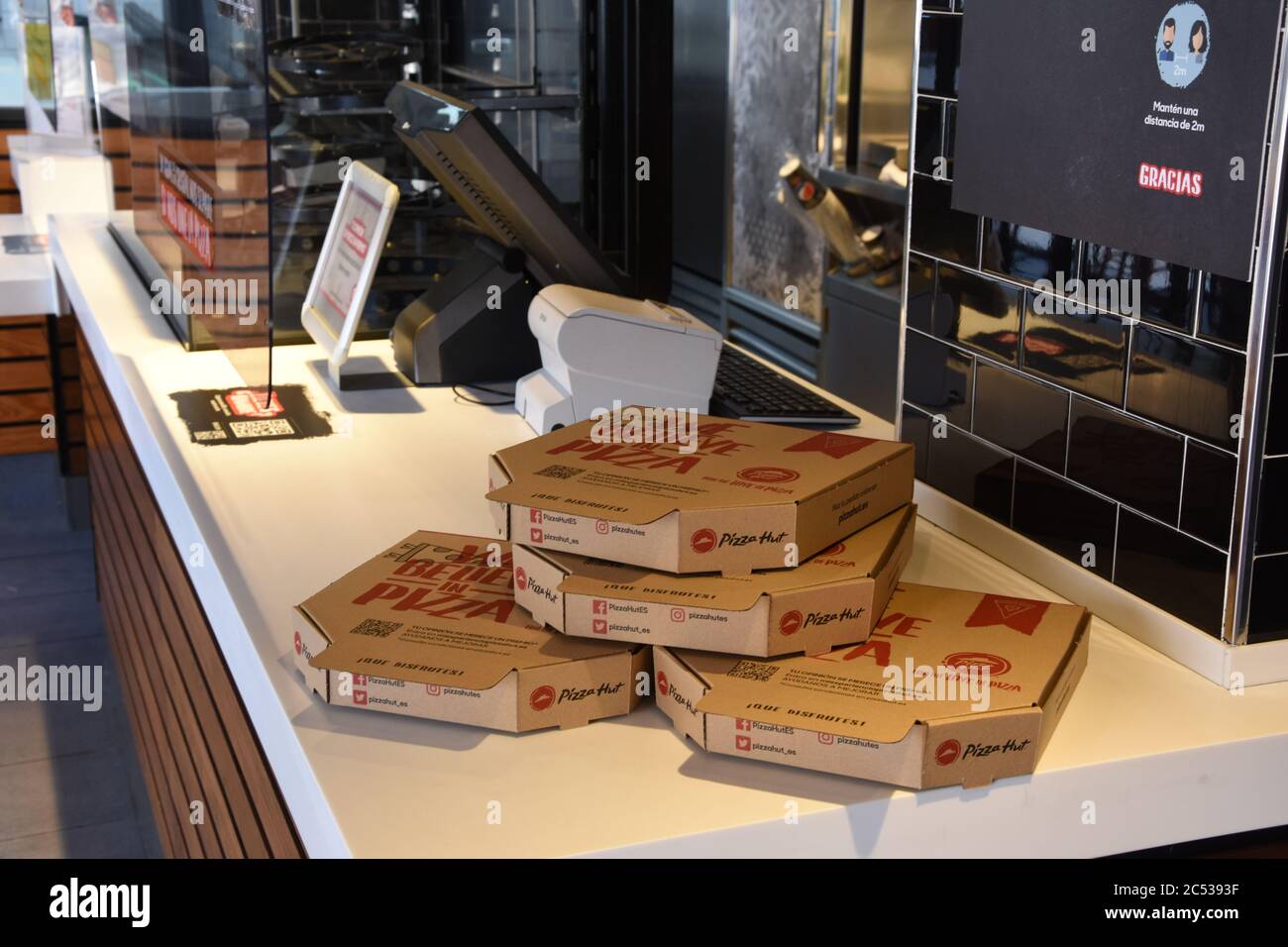 Pizza Hut takeaway boxes Stock Photo