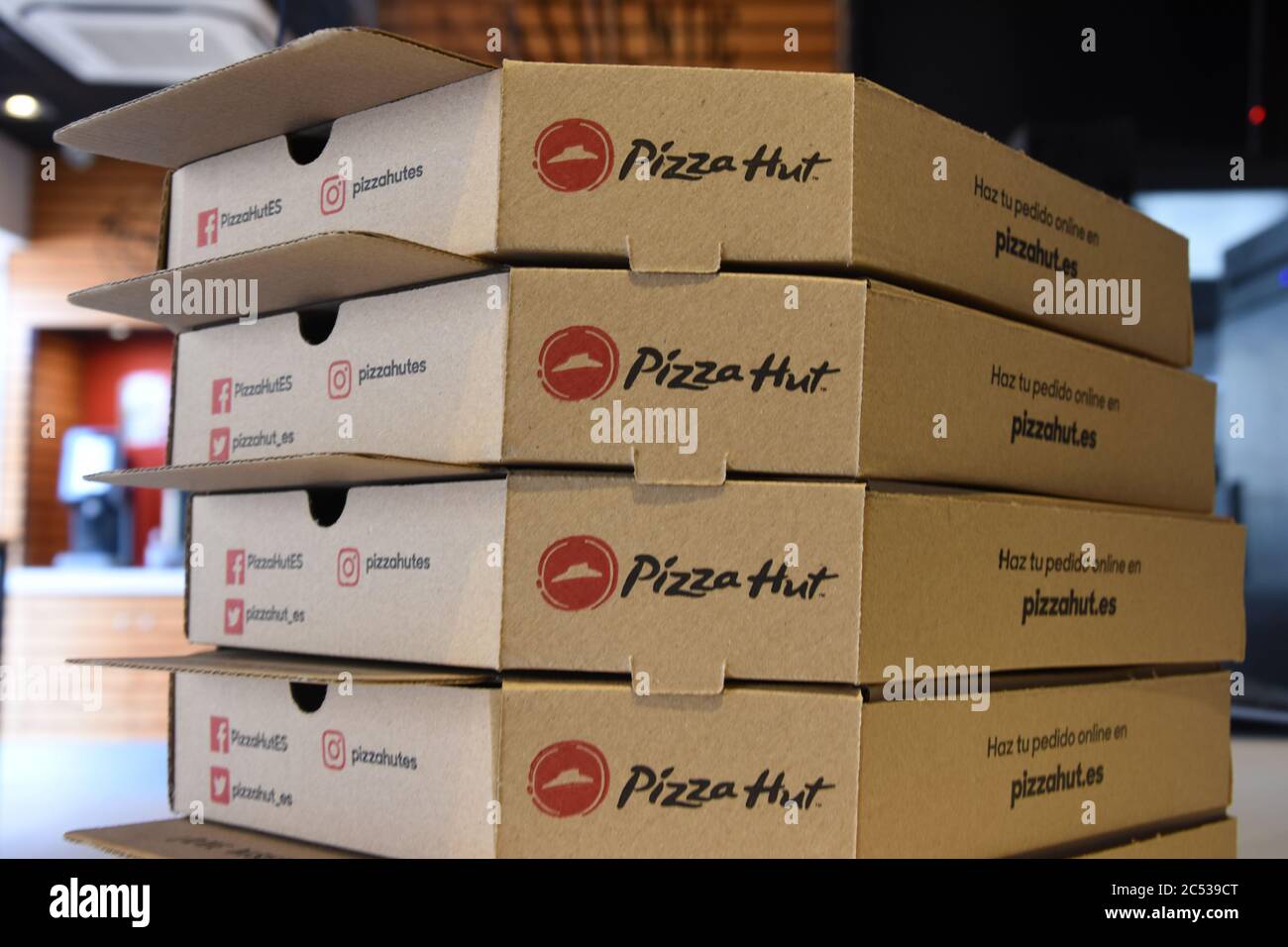 Pizza Hut takeaway boxes Stock Photo