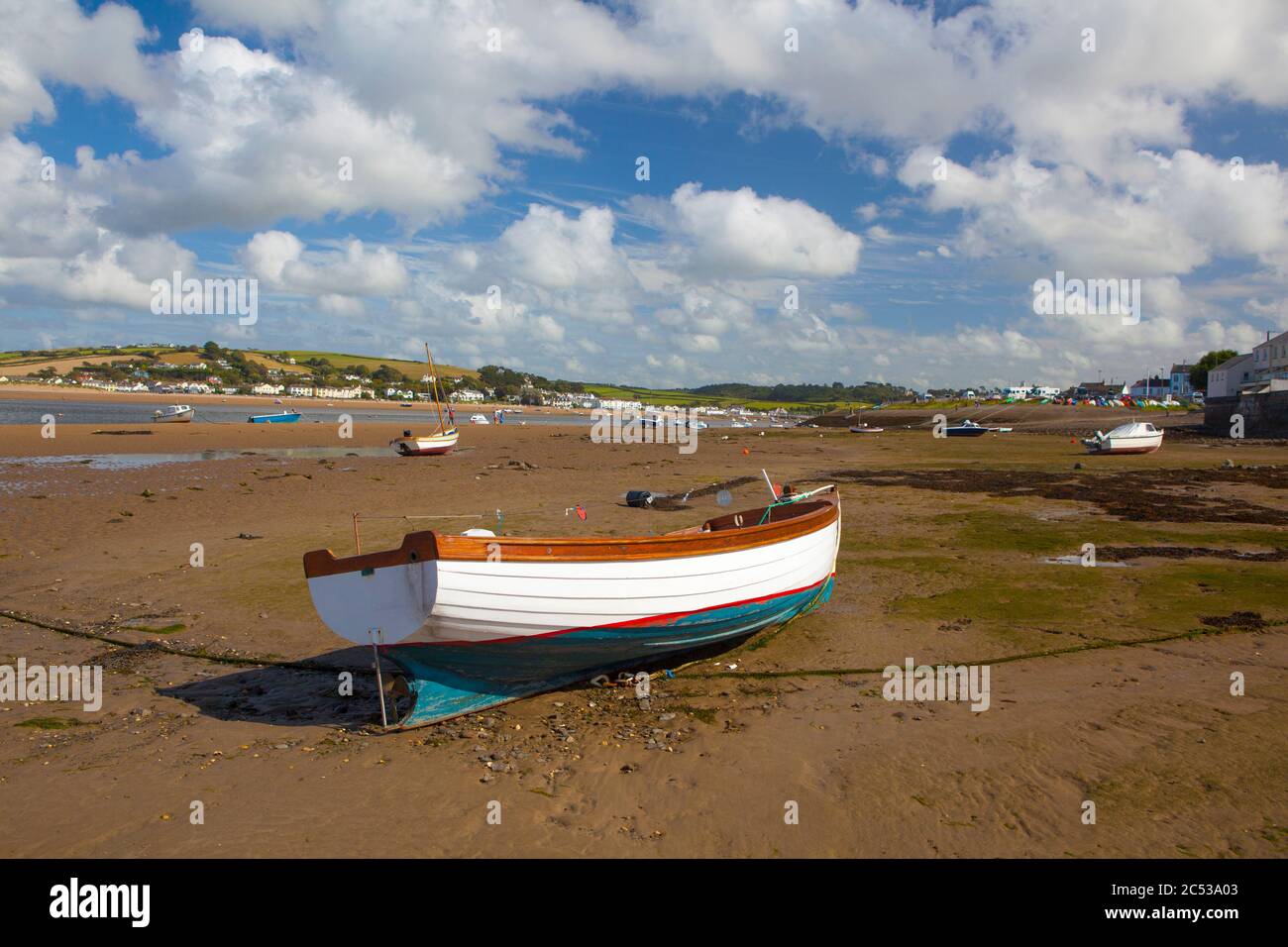 Boat moored on the sand at Appledore on the estuary of the River Torridge, 2019. Stock Photo
