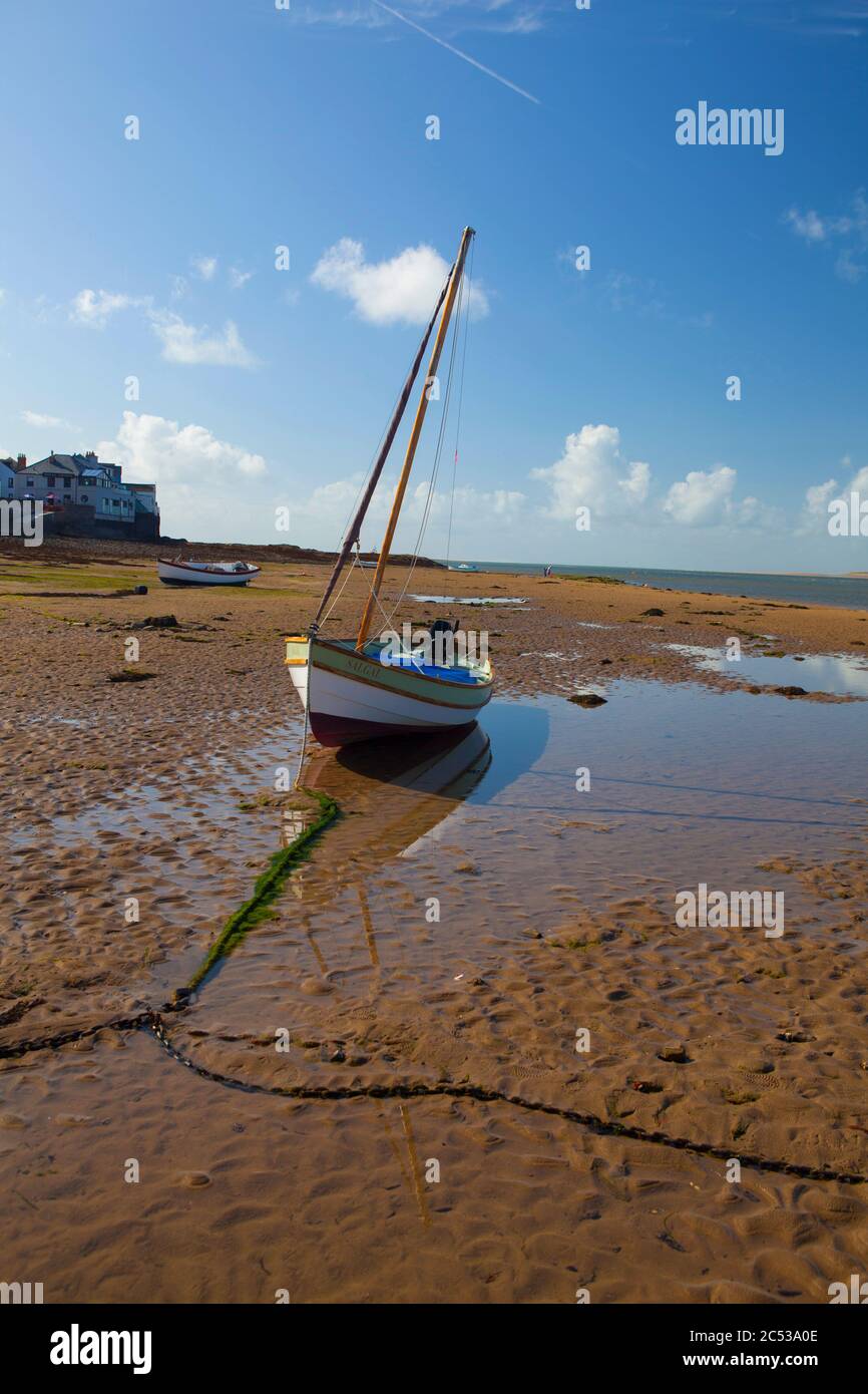 Boat moored on the sand at Appledore on the estuary of the River Torridge, 2019. Stock Photo