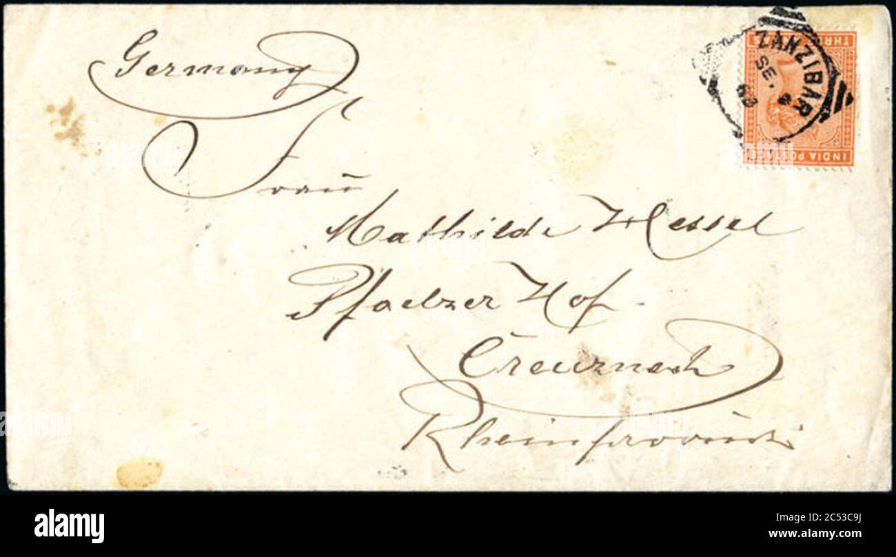 India postage Queen Victoria stamp on envelope used in Zanzibar