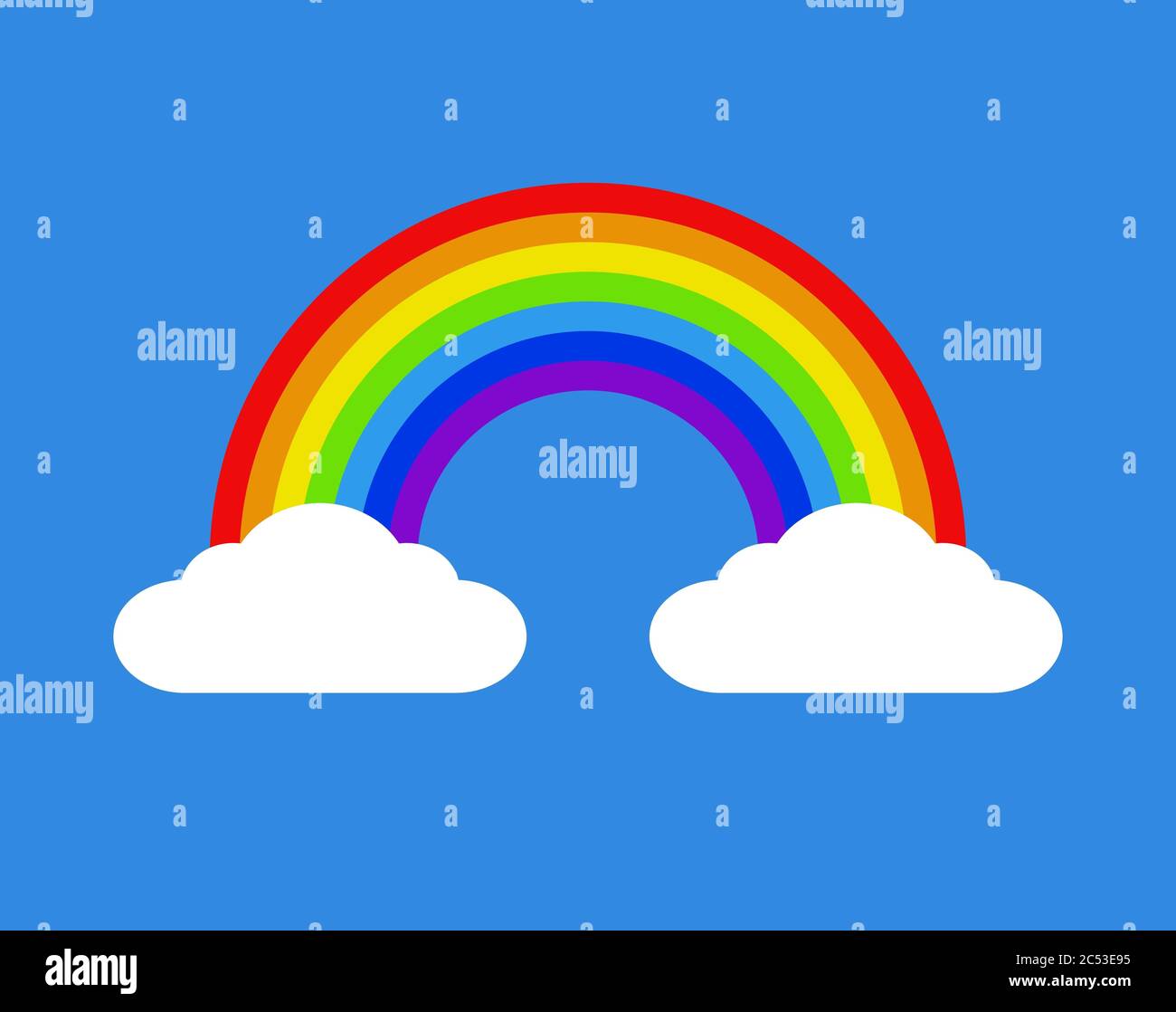 Illustration of a rainbow with clouds on both ends on a blue background Stock Photo