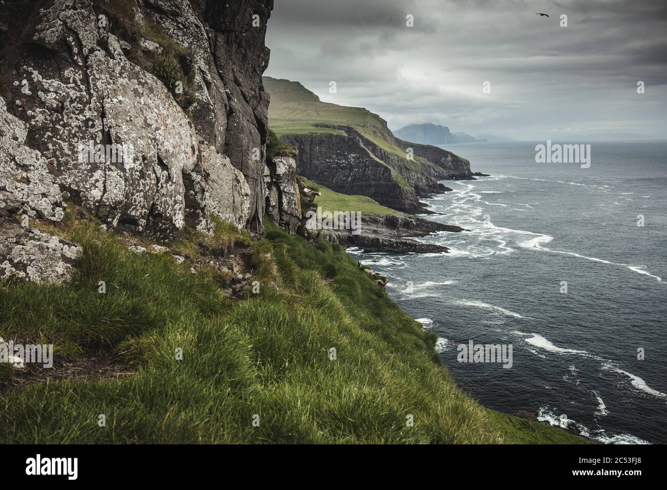 view of the coast of the island of Mykines in the Faroe Islands. Stock Photo