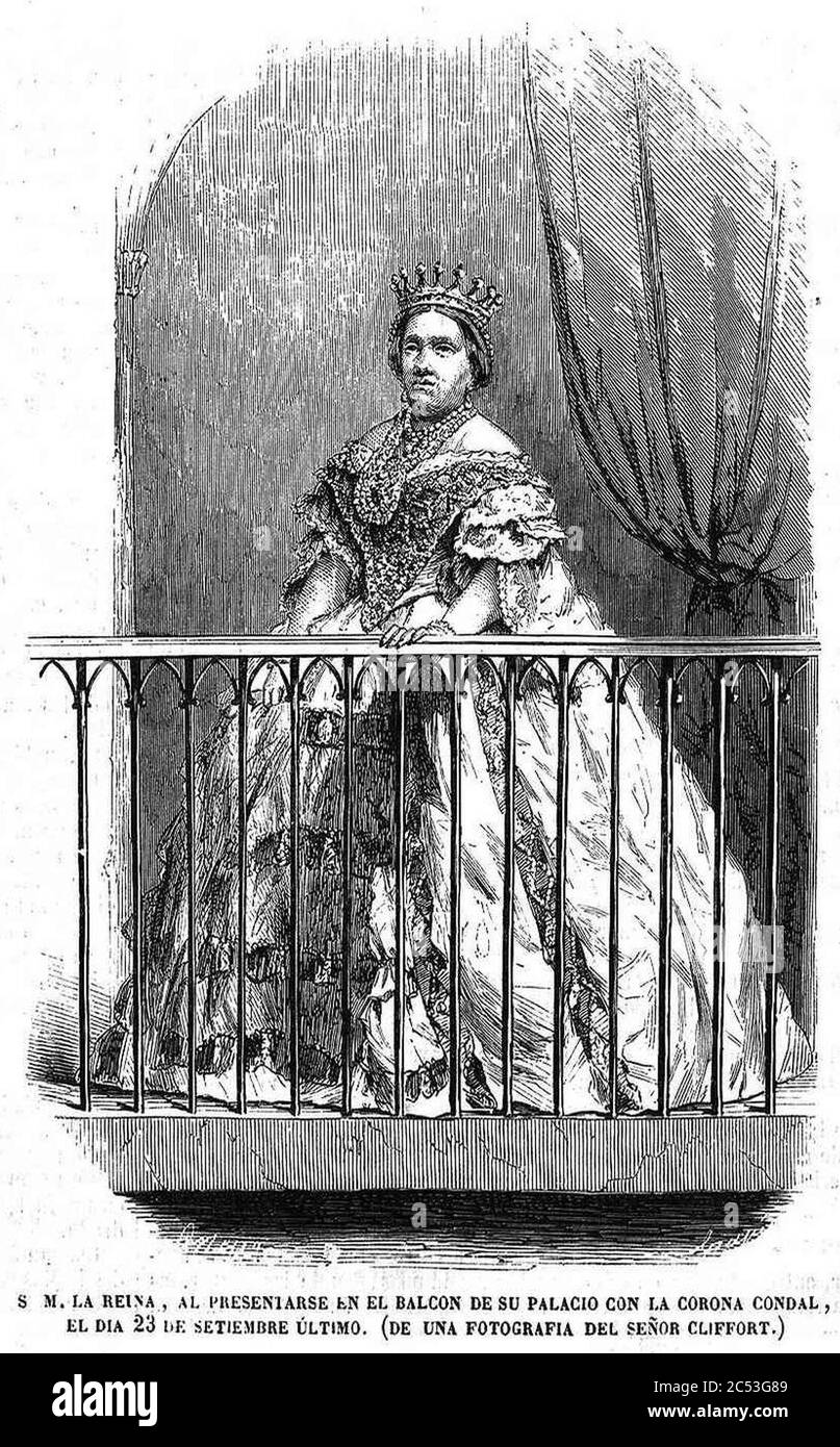Isabel II, al presentarse en el balcón de su palacio con la corona condal el 23 de septiembre de 1860. Stock Photo