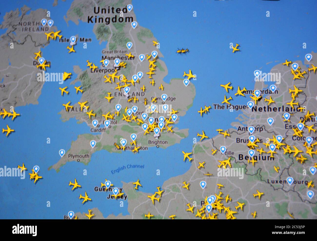air traffic in Great Britain  and north of Europe on Internet with Flightradar 24 site by  Svenska Resenätverket AB ( 30 june 2020, 8 PM ) Stock Photo