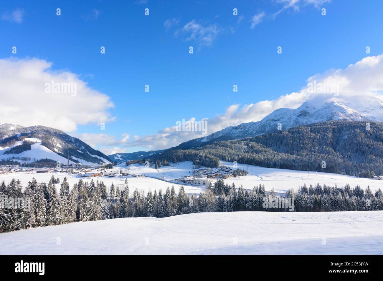 Hochfilzen, view to Hochfilzen in the Kitzbühel Alps, Pillersee Tal (Pillersee valley), Tyrol, Austria Stock Photo
