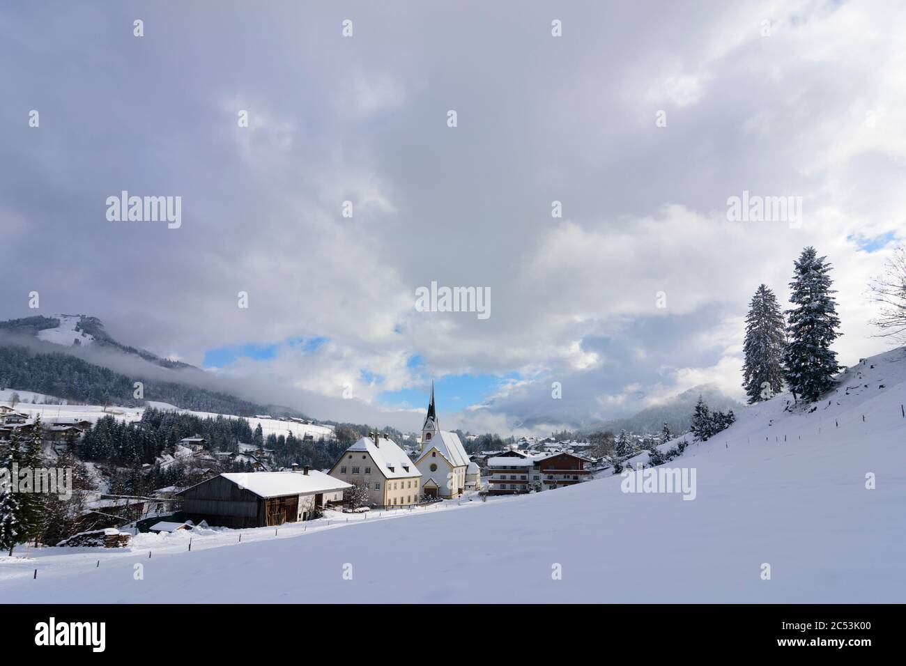 Fieberbrunn, church, village in the Kitzbühel Alps, Pillersee Tal (Pillersee valley), Tyrol, Austria Stock Photo
