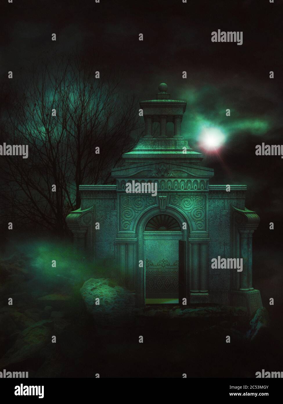 Old crypt or temple in the dark forest landscape 3d illustration Stock ...