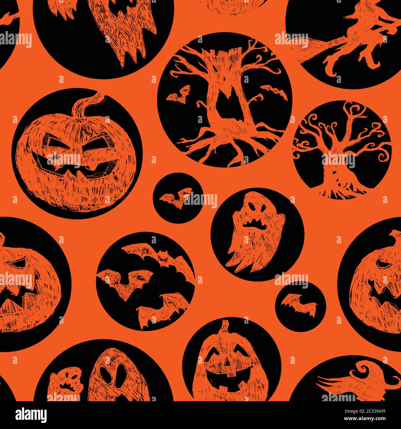 Vector orange hand drawn halloween spooky silhouettes in circles repeat ...