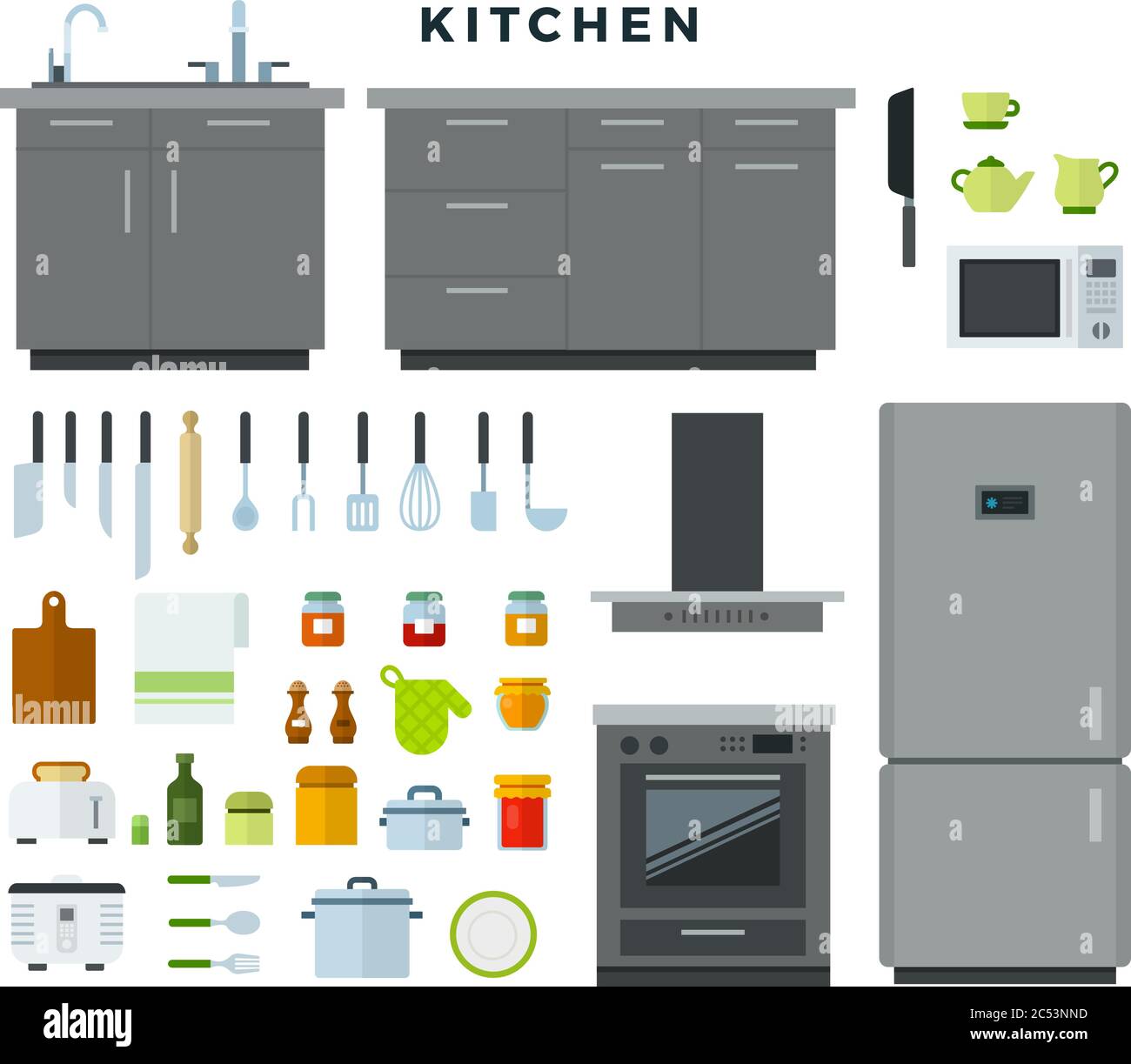 Collection of kitchen utensils, appliances, equipment, furniture