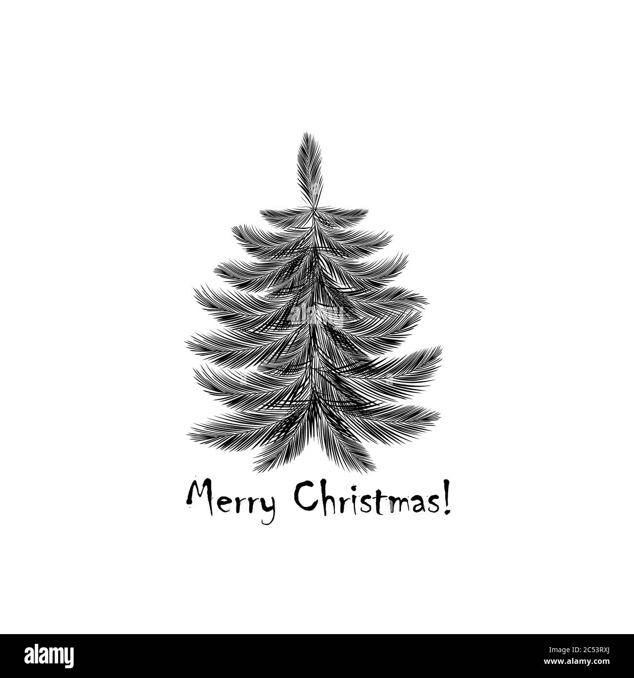 Christmas tree. Card design with a hand drawn Black Christmas tree with